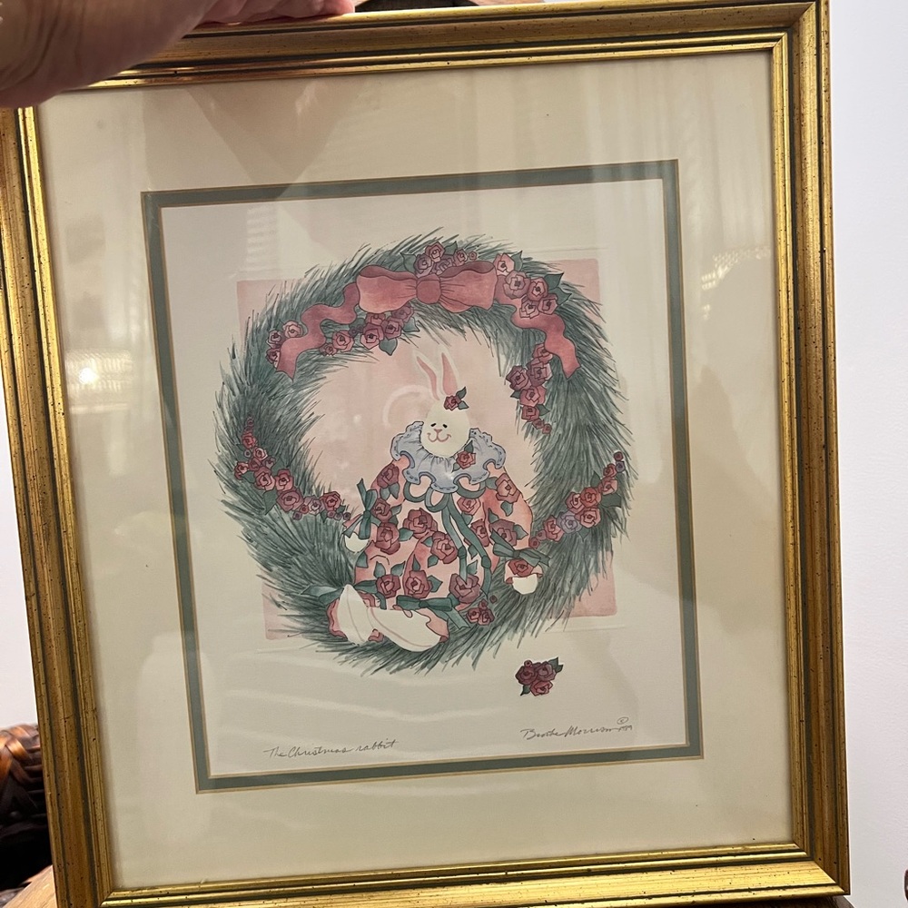 Brooke Morrison 1989 Christmas BunnyFramed Holiday Wreath Artwork.